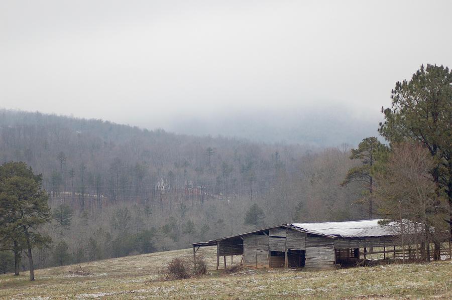 Snow-Covered Old Barn in Foggy Smoky Mountains Photograph by Dennis Schmidt