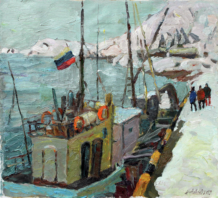 Snow covered pier Painting by Juliya Zhukova