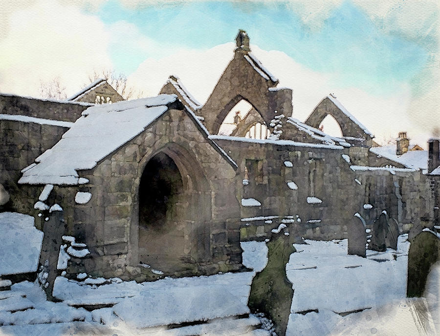 Winter Painting - Snow Covered Ruined Church by Philip Openshaw