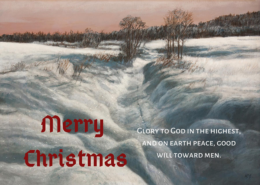 Snow Covered Stream - Christmas card version Painting by Hans Egil Saele