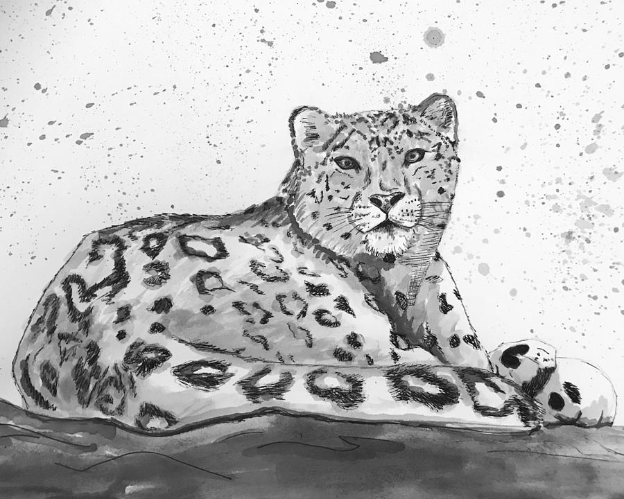 Adorable Digital Snow Leopard drawing with paw prints