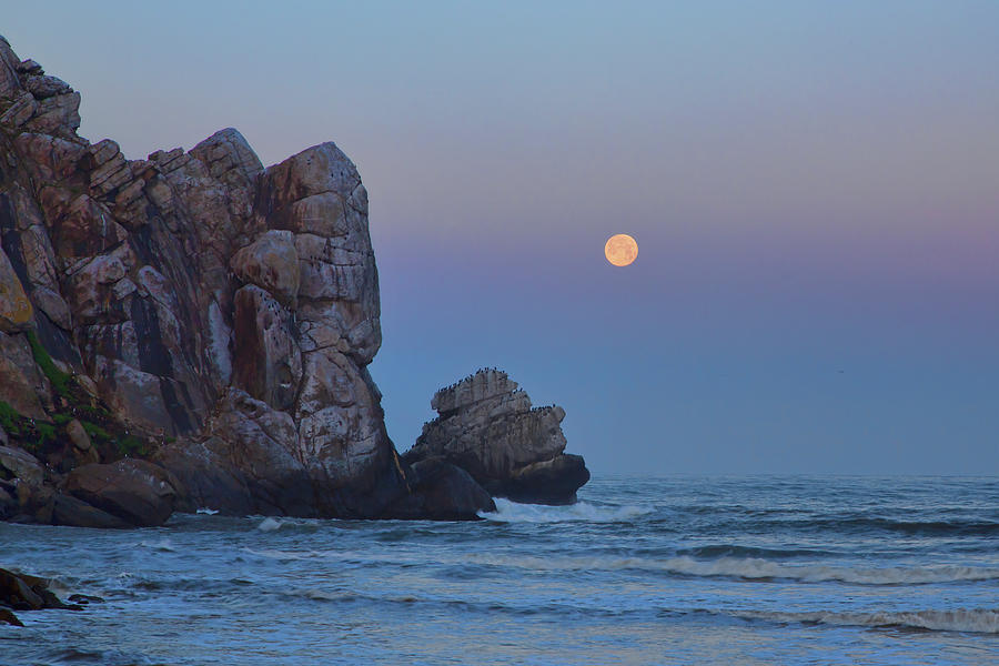 Snow Moon and Morro Rock Photograph by Cheryl Strahl