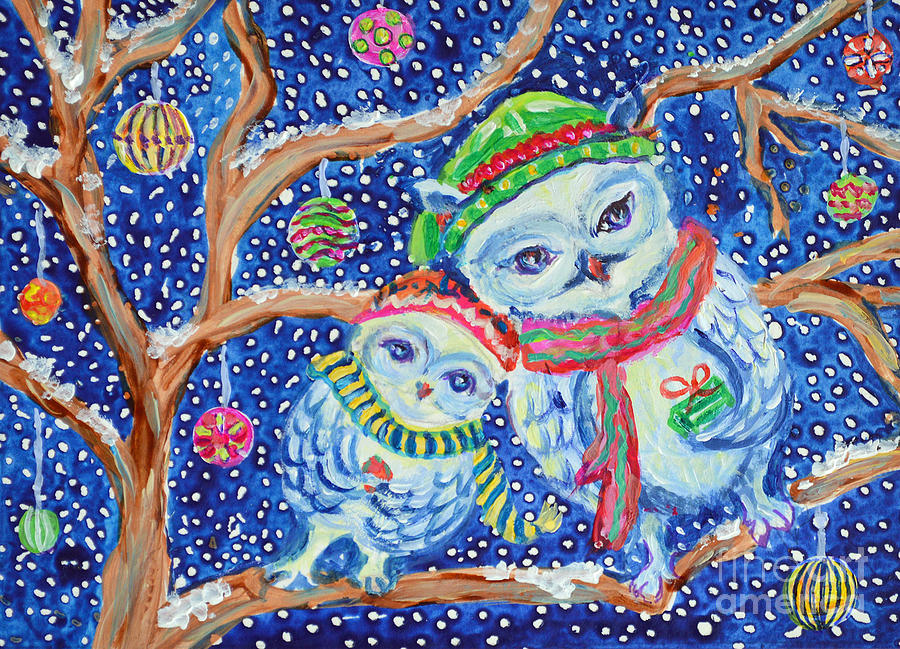Snow Owl Carolers Painting by Li Newton