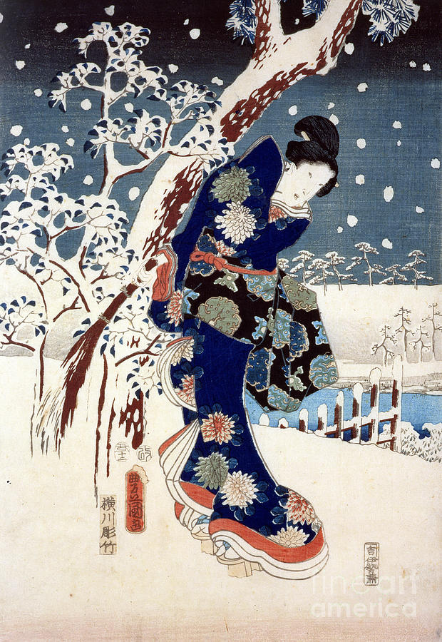 Snow Scene In The Garden Of A Daimyo, Part Of Triptych Silkscreen Painting by Ando Or Utagawa Hiroshige