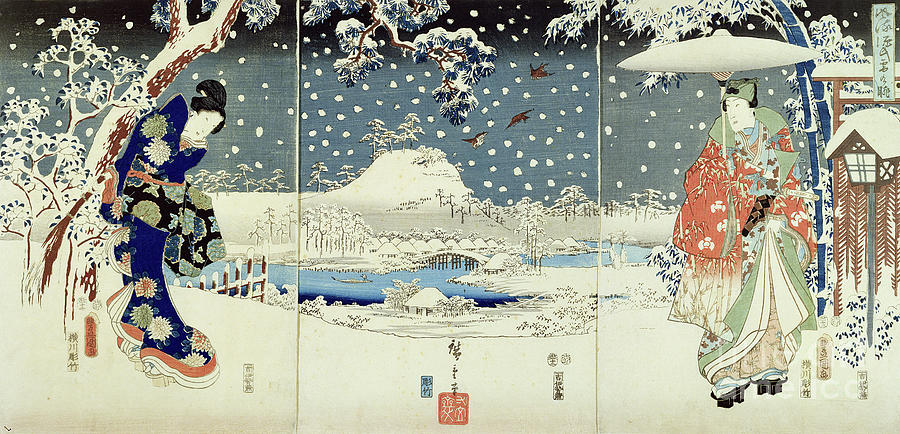 Hiroshige Painting - Snow Scene In The Garden Of A Daimyo Triptych by Utagawa Hiroshige And Kunisada