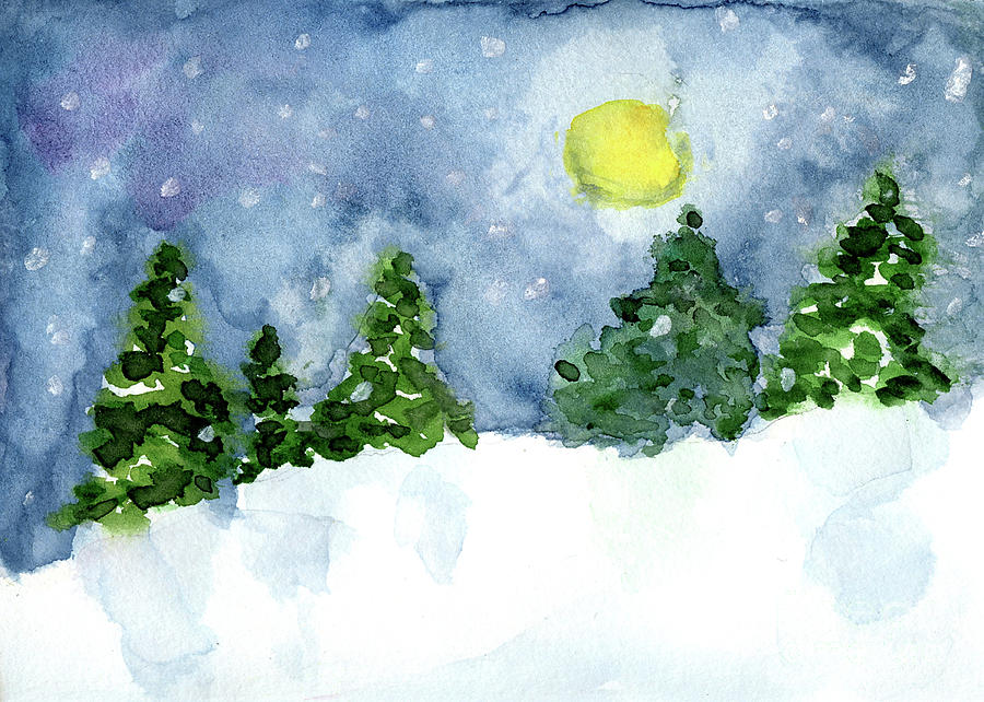 Snow, trees, and harvest moon Painting by Paula Joy Welter