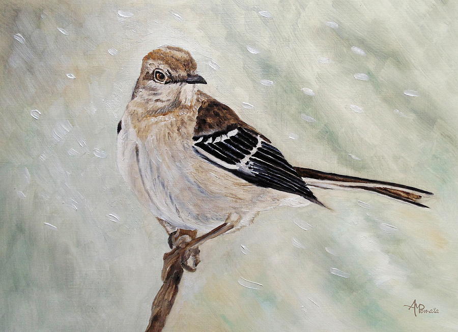 Snowfall Mockingbird Painting by Angeles M Pomata