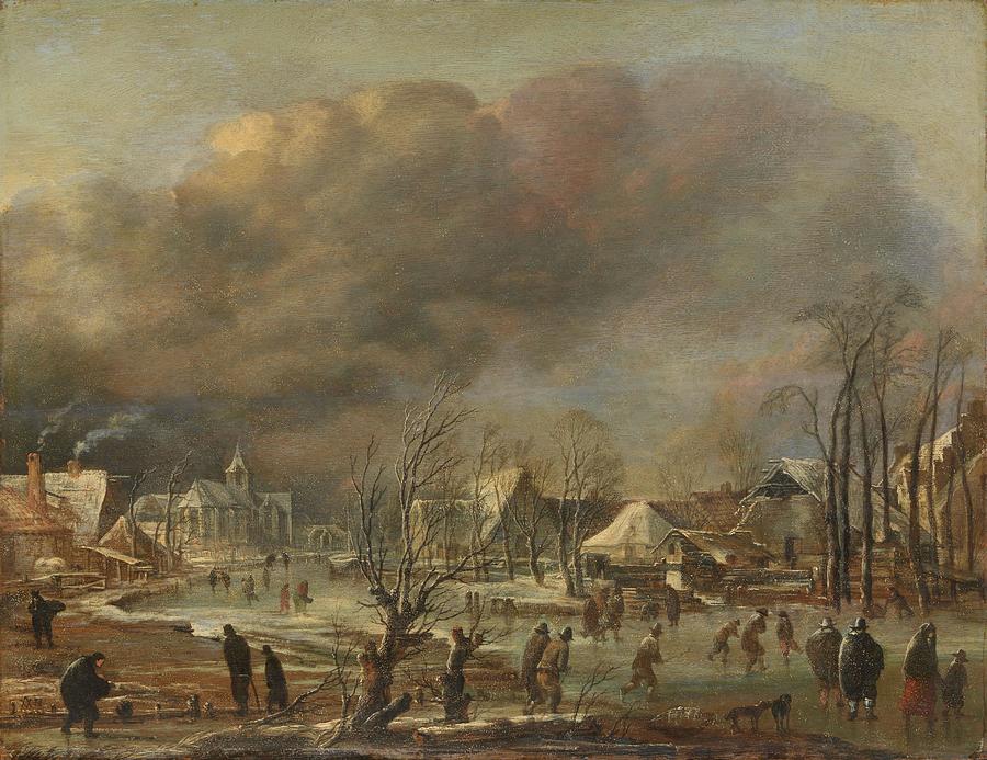 Snowfall on a village beside a frozen canal. Painting by Aert van der Neer -mentioned on object- Snowfall on a village beside a frozen canal. Painting by Aert van der Neer -mentioned on object-
