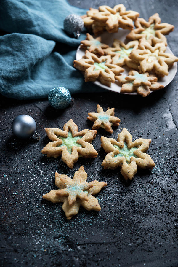 Snowflake Shortbread Biscuits With Vanilla Soy Cream And Blue Powdered Sugar vegan Photograph by Kati Neudert