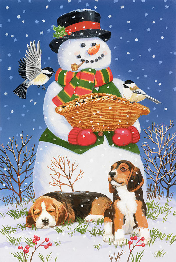 Finch Painting - Snowman, Birds And Beagles by William Vanderdasson