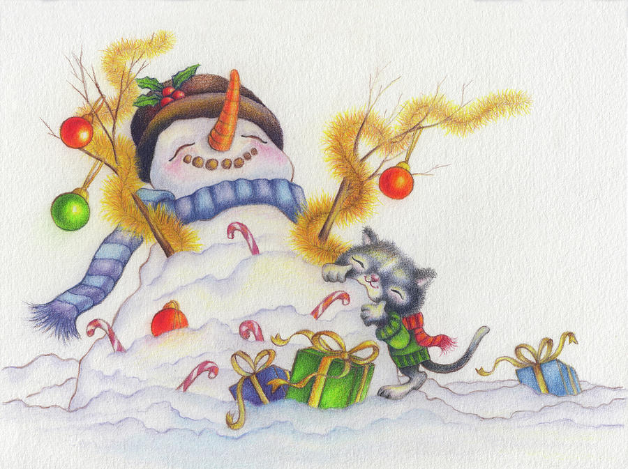 Christmas Digital Art - Snowman-cuddles by Cindy Wider