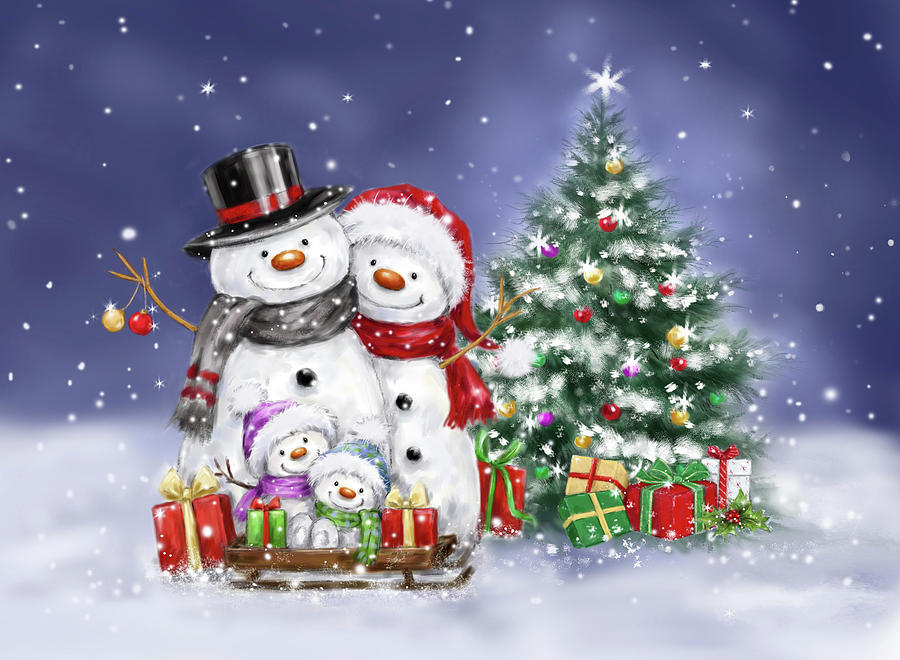 Winter Mixed Media - Snowman Family And Tree by Makiko
