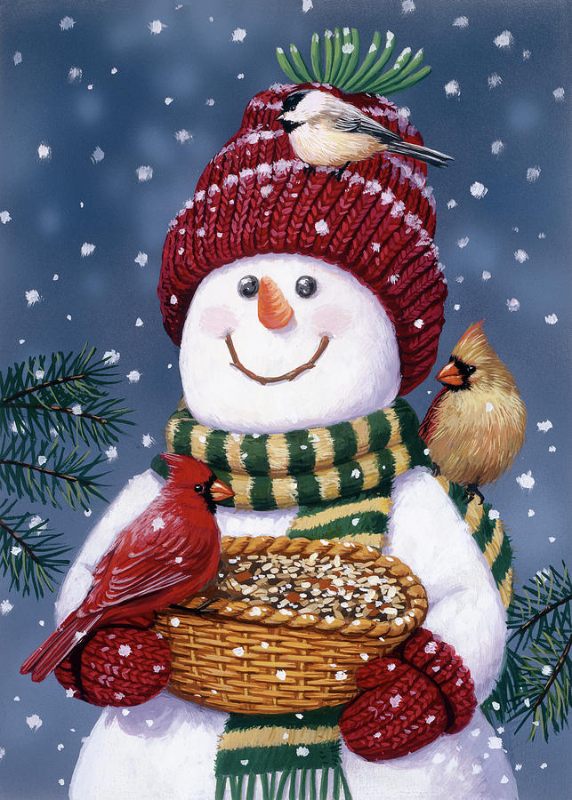 Winter Painting - Snowman Feeding Birds by William Vanderdasson