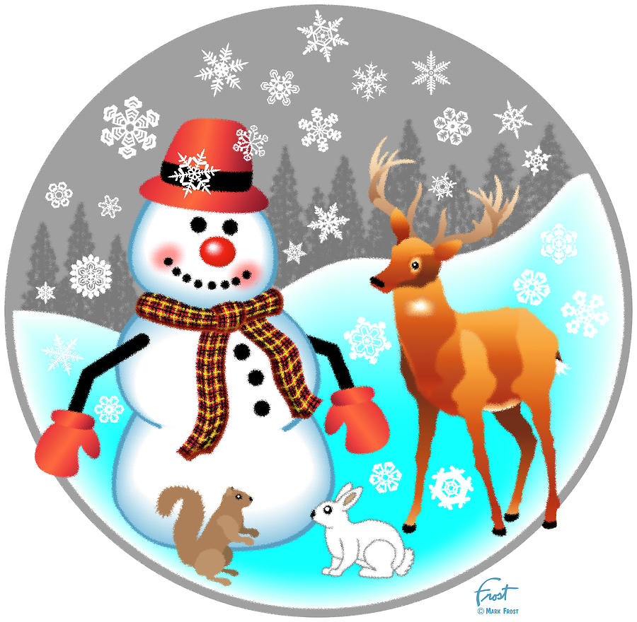 Christmas Digital Art - Snowman Forest Animals by Mark Frost