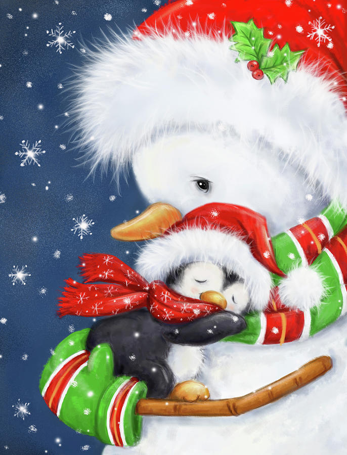 Christmas Mixed Media - Snowman Hug by Makiko
