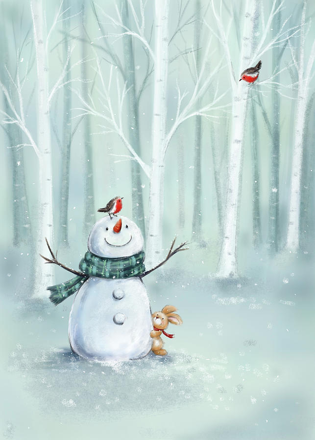 Robin Mixed Media - Snowman In Wood by Makiko
