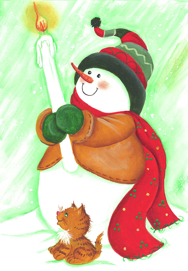 Snowman Lights The Way Painting by Beverly Johnston