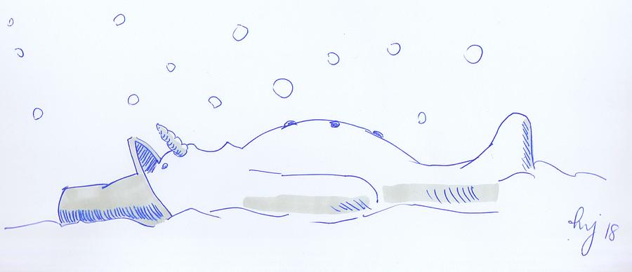 Snowman lying down in the snow catching snowflakes in mouth Drawing by Mike Jory