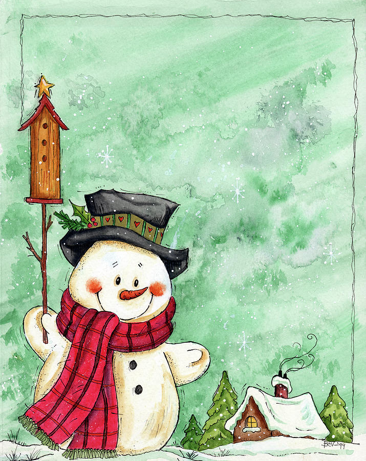 Snowman With Birdhouse 2 Painting by Beverly Johnston - Fine Art