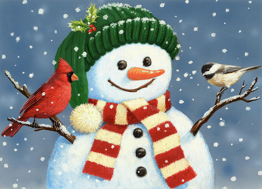 Winter Painting - Snowman With Cardinal And Chickadee by William Vanderdasson