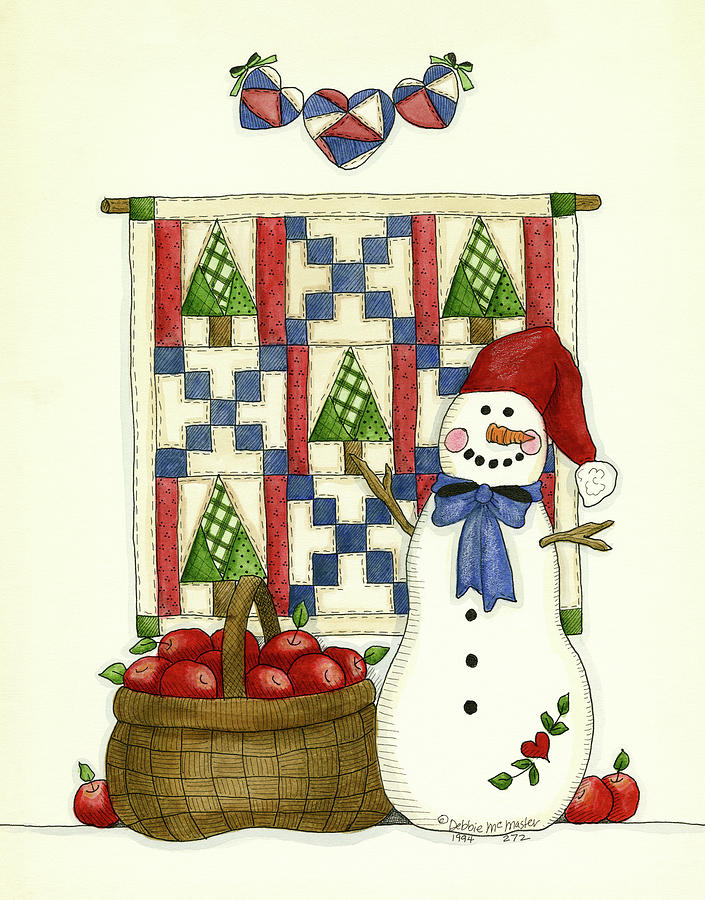 Snowman With Guilt & Apples Painting by Debbie Mcmaster