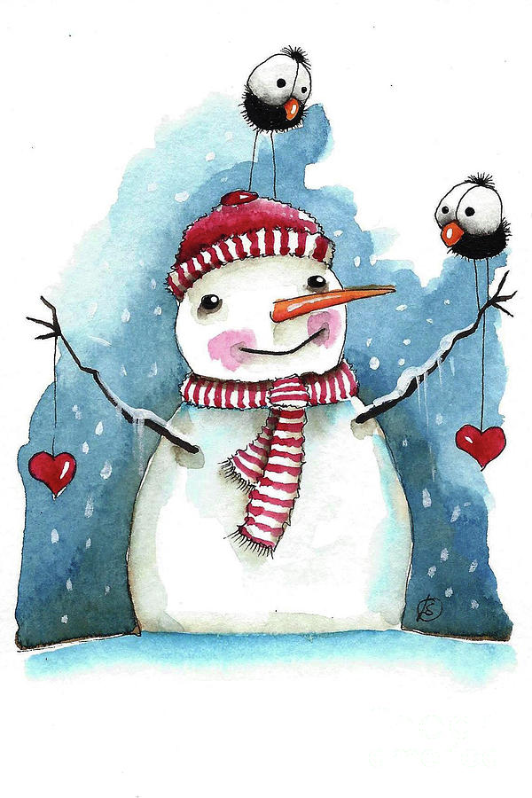 Snowman with hearts Painting by Lucia Stewart
