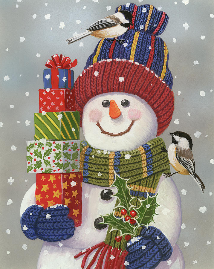 Bird Painting - Snowman With Presents by William Vanderdasson