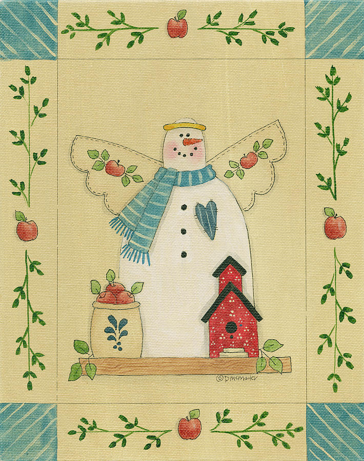 Snowman With Schoolhouse And Crock Painting by Debbie Mcmaster