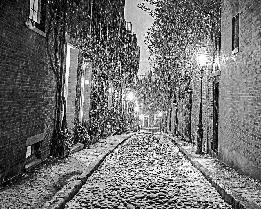 Snowstorm on Acorn Street Boston MA Black and White Photograph by Toby McGuire