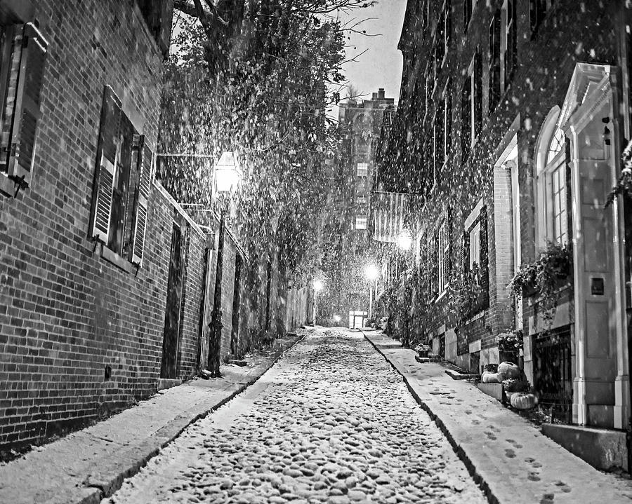 Snowstorm on Acorn Street Boston MA Cobblestone Black and White Photograph by Toby McGuire