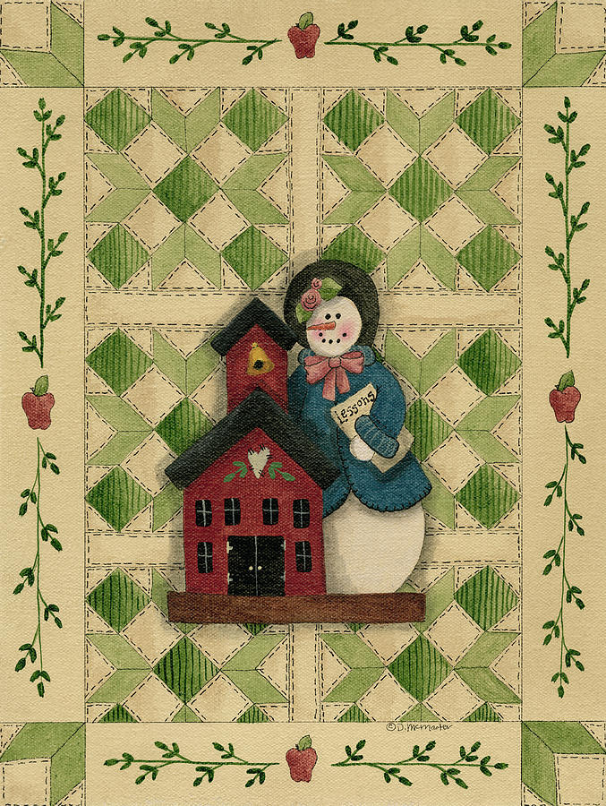 Snowwoman Teacher With Schoolhouse Painting by Debbie Mcmaster