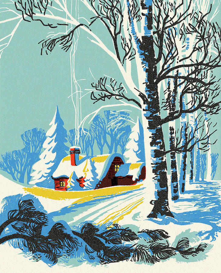 Christmas Drawing - Snowy Cabin Scene by CSA Images