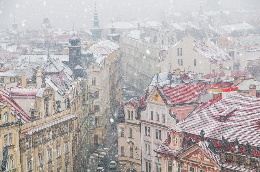 Snowy Christmas Prague. Dlouha Street Buildings Photograph by Jenny Rainbow