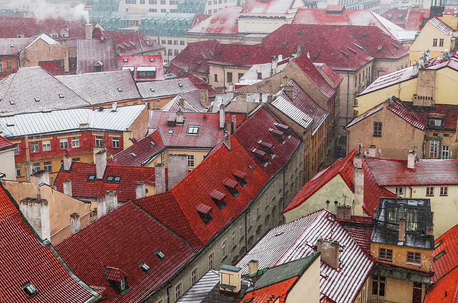Snowy Christmas Prague. Red Roofs in a Row Photograph by Jenny Rainbow