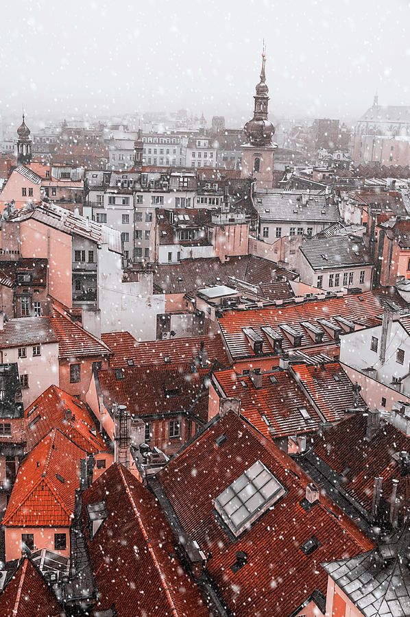 Snowy Christmas Prague. Red Roofs Photograph by Jenny Rainbow