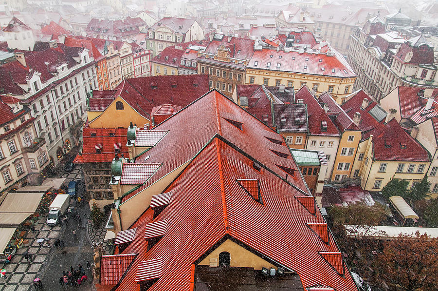 Snowy Christmas Prague. Town Hall Roof Photograph by Jenny Rainbow