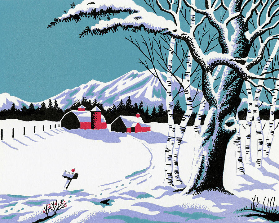 Nature Drawing - Snowy Country Farm Scene by CSA Images