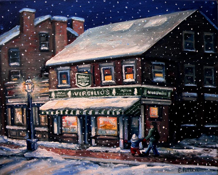 Winter Painting - Snowy Evening in Gloucester, MA by Eileen Patten Oliver