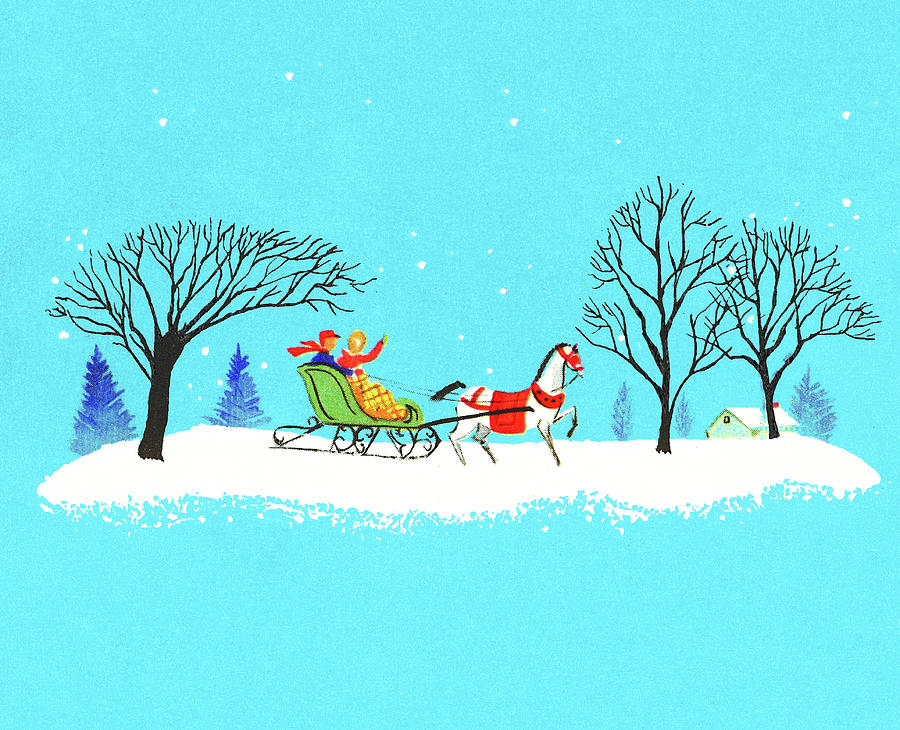 Christmas Drawing - Snowy Horse Drawn Sleigh Scene by CSA Images
