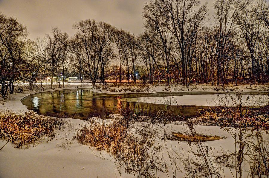 Snowy Night on the Clinton River V3 DSC_0098 Digital Art by Michael Thomas