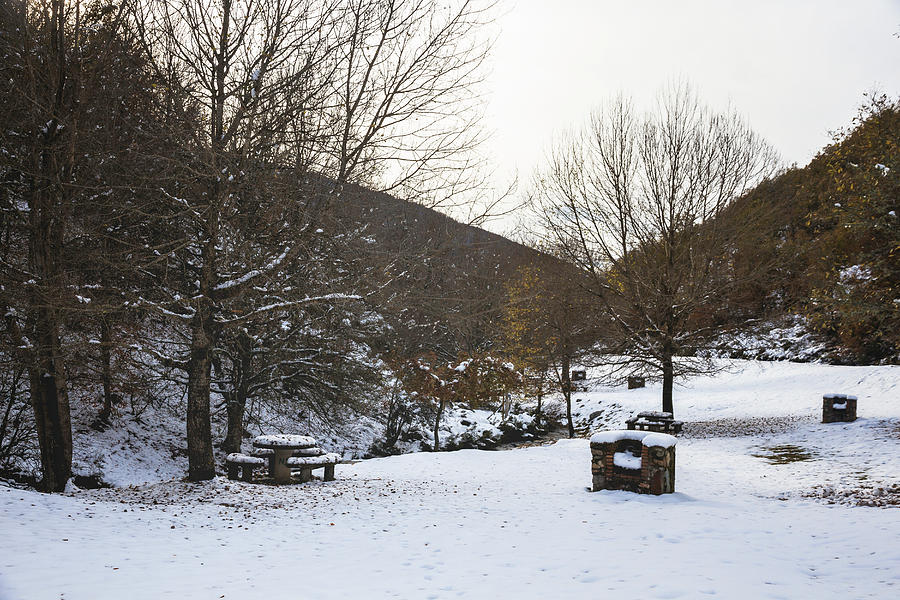 Winter Photograph - Snowy Picnic Area In The Middle Of The Mountain Surrounded By Trees by Cavan Images