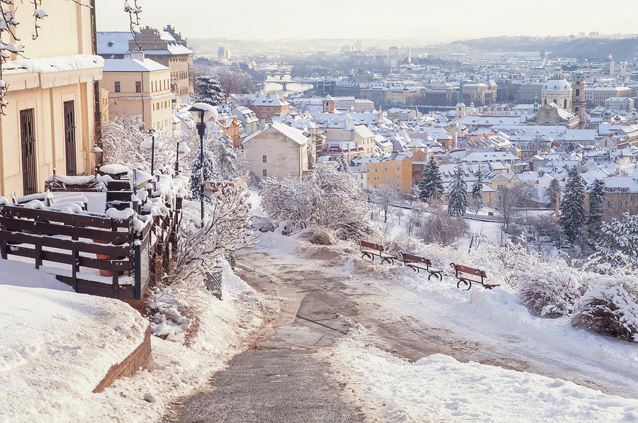 Snowy Prague. Lesser Town Panorama Photograph by Jenny Rainbow
