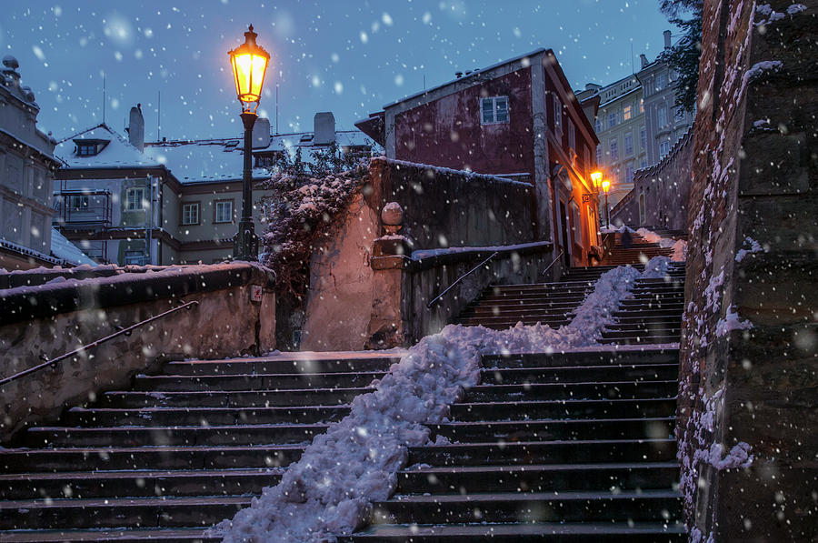 Snowy Prague. Lesser Town Walk. Old Castle Stairs 2 Photograph by Jenny Rainbow