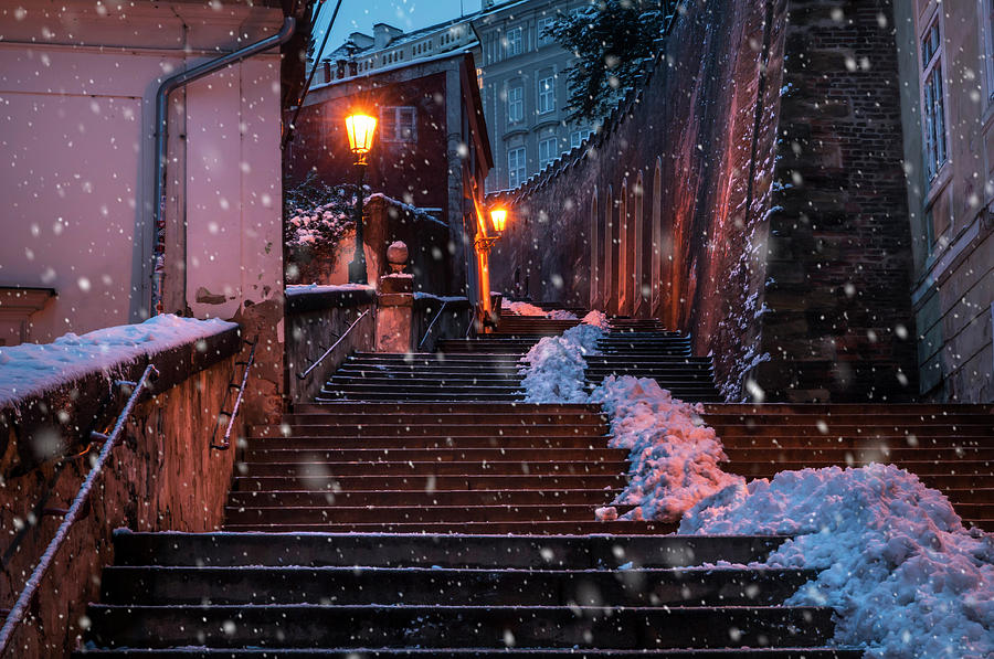 Snowy Prague. Lesser Town Walk. Old Castle Stairs Photograph by Jenny Rainbow
