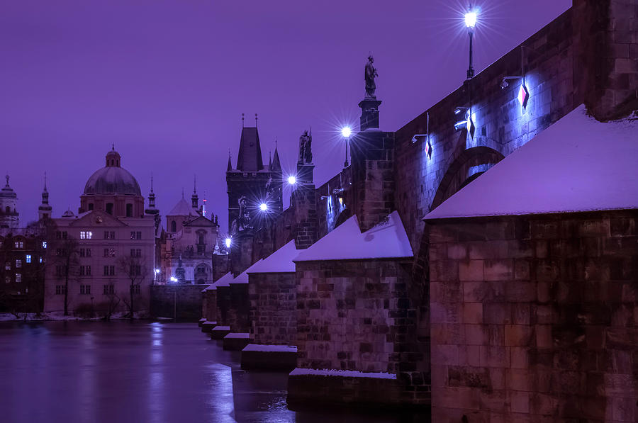 Snowy Prague. Night Charles Bridge 1 Photograph by Jenny Rainbow