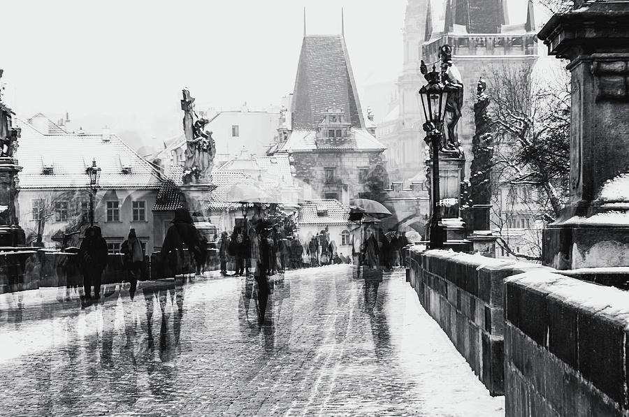 Snowy Prague. Timeless Charles Bridge Monochrome Photograph by Jenny Rainbow