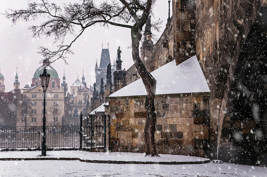 Snowy Prague. Under Charles Bridge. Snowfall Photograph by Jenny Rainbow