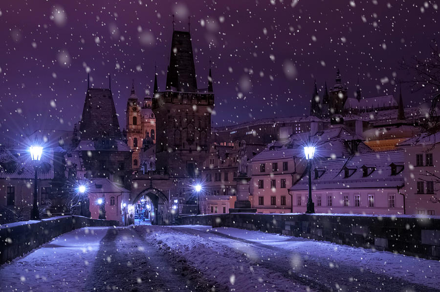 Snowy Purple Night in Prague Photograph by Jenny Rainbow