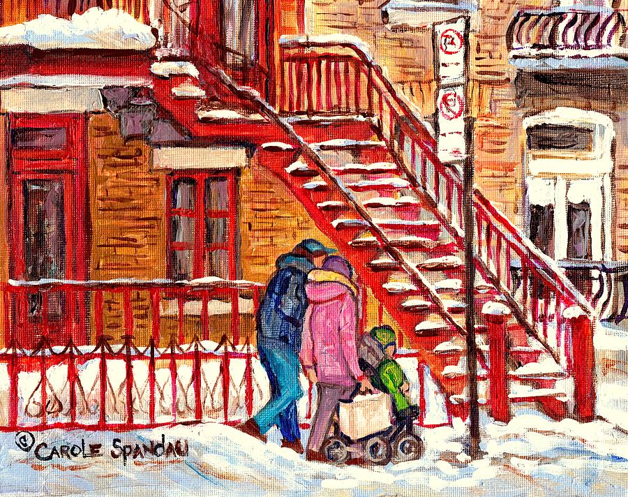 Snowy Staircase Montreal Winter Scene Painting Red Steps Strollers C Spandau Plateau To Verdun Art Painting by Carole Spandau