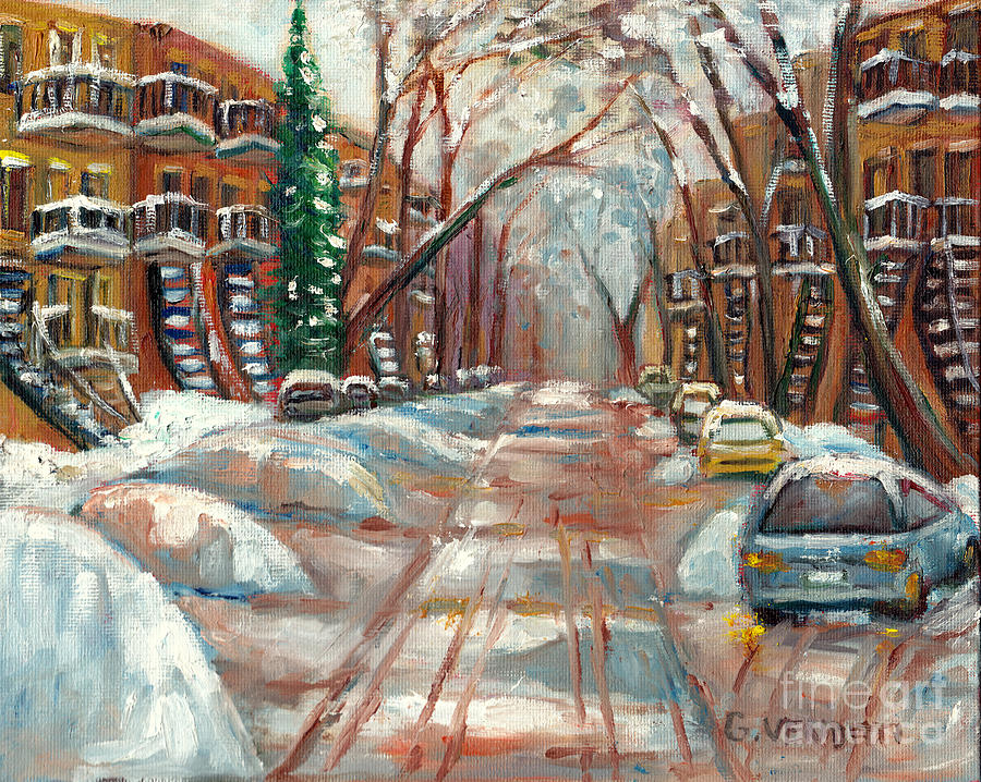 Snowy Street After The Storm Montreal Winter Street Scene With Outdoor Staircases Painting Painting by Grace Venditti